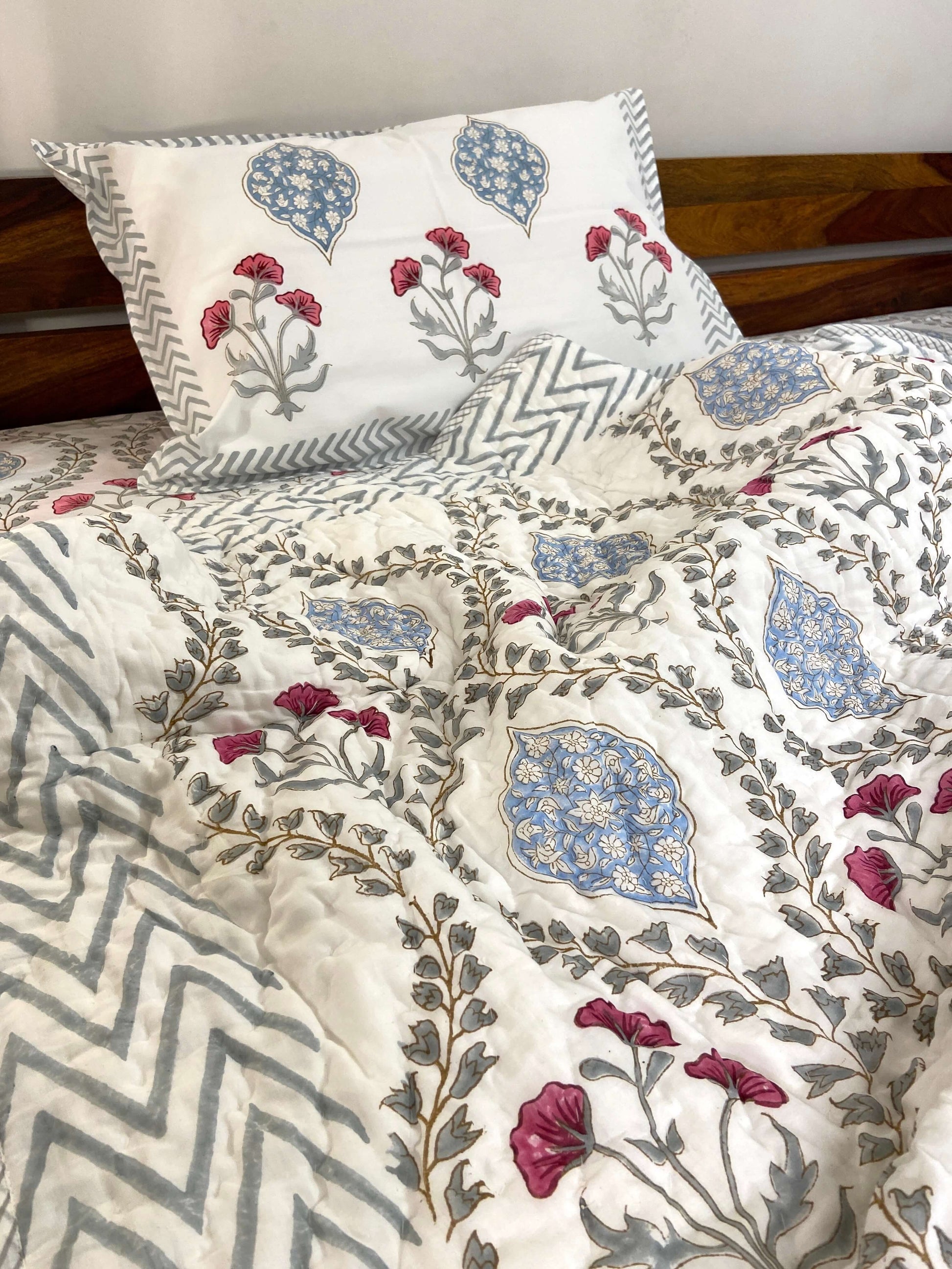 Pastel Grey Blue Floral Organic Mul Cotton Single Bed Quilt - Nakhrro