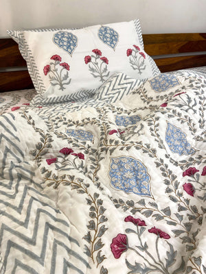 Pastel Grey Blue Floral Organic Mul Cotton Single Bed Quilt - Nakhrro