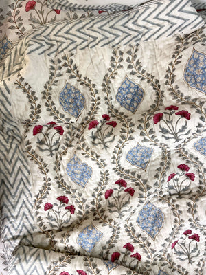 Pastel Grey Blue Floral Organic Mul Cotton Single Bed Quilt - Nakhrro