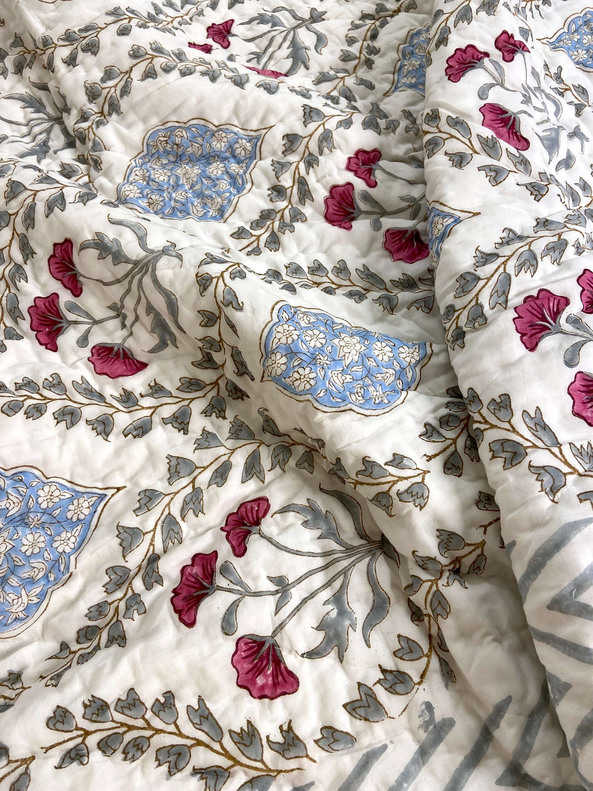 Pastel Grey Blue Floral Organic Mul Cotton Single Bed Quilt - Nakhrro