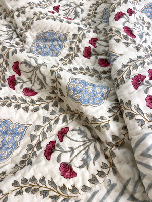 Pastel Grey Blue Floral Organic Mul Cotton Single Bed Quilt - Nakhrro