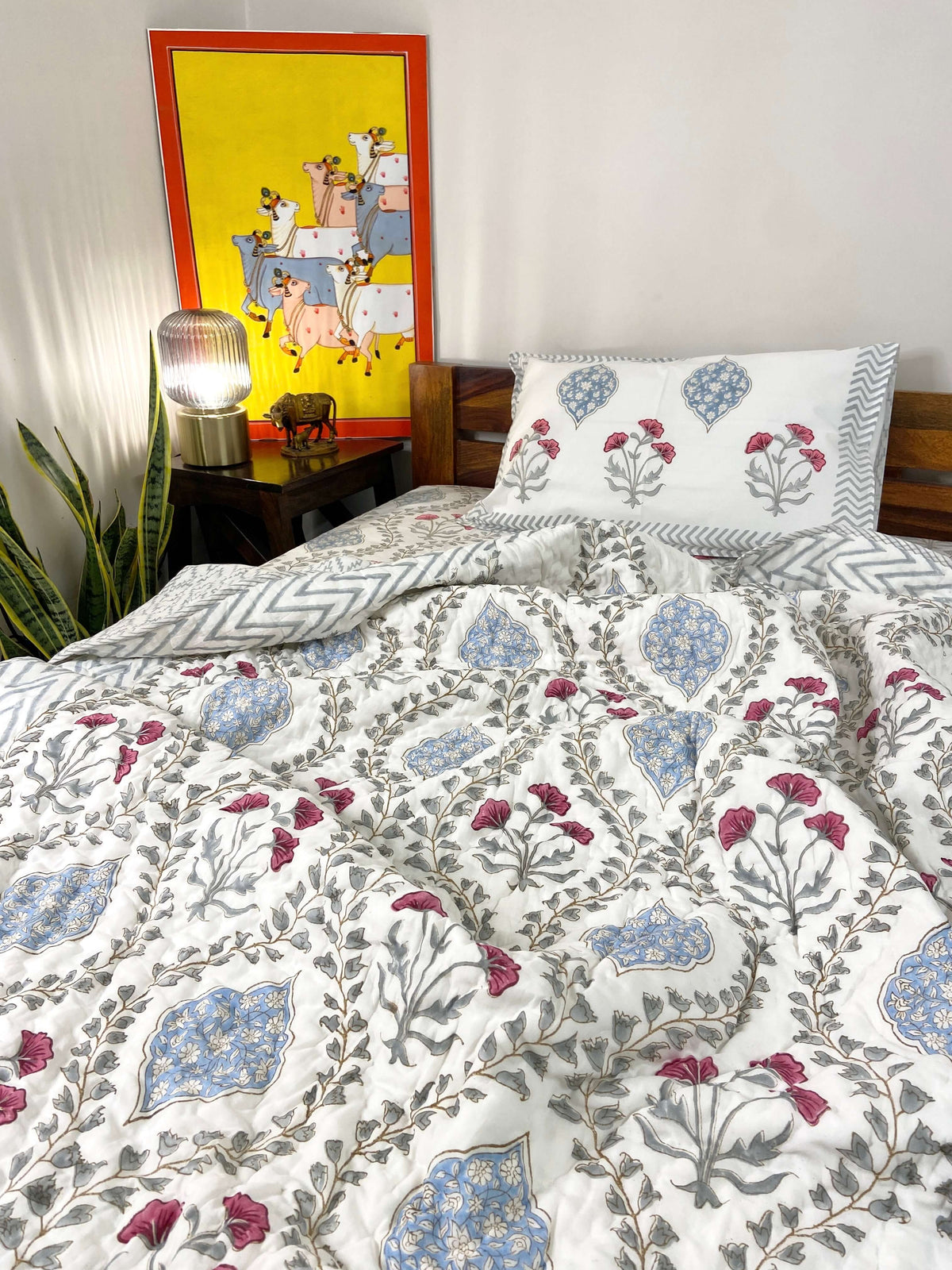 Pastel Grey Blue Floral Organic Mul Cotton Single Bed Quilt - Nakhrro