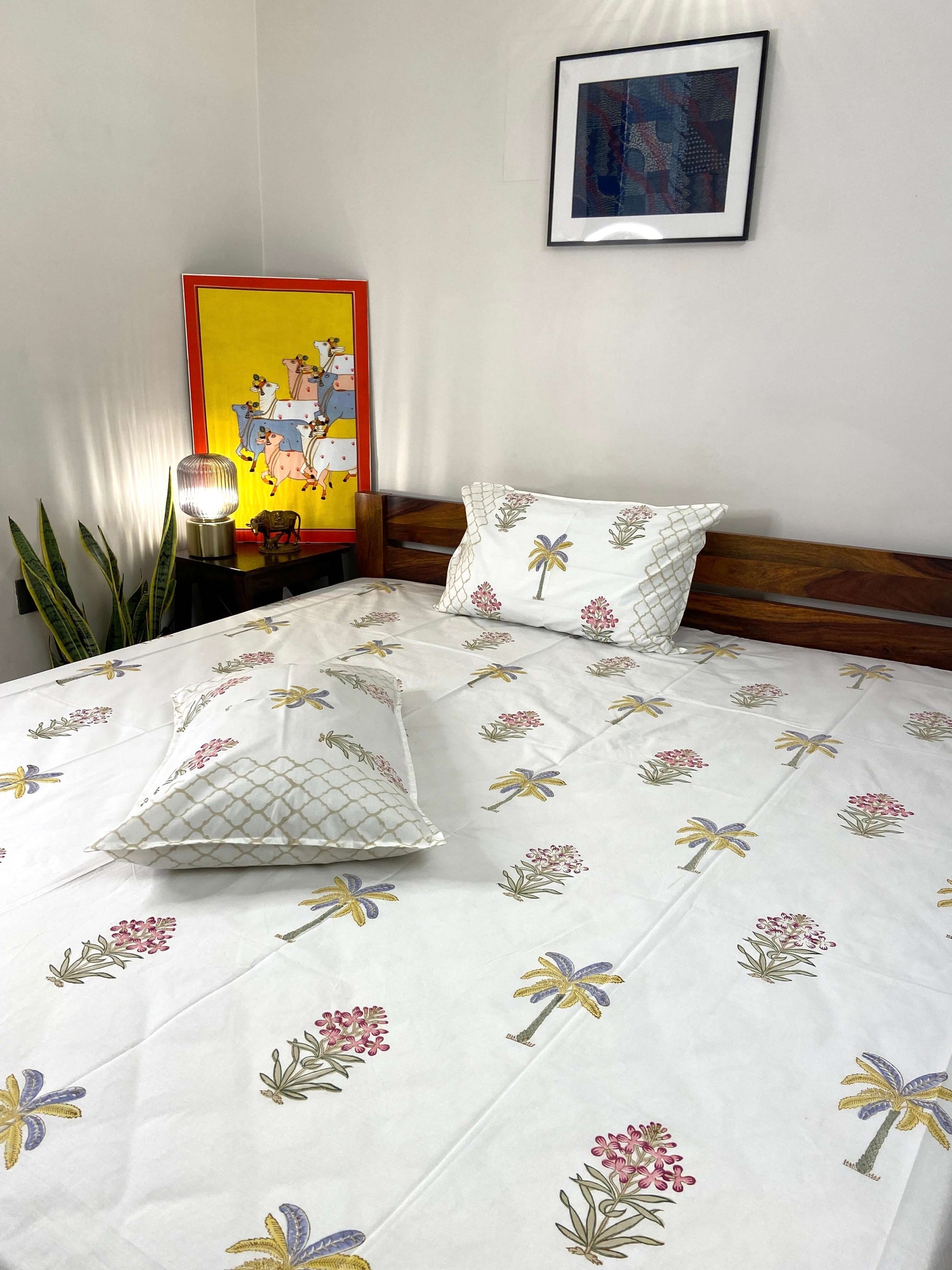 Banana Palm Floral Hand Block Percale Cotton King Bedsheet - Nakhrro