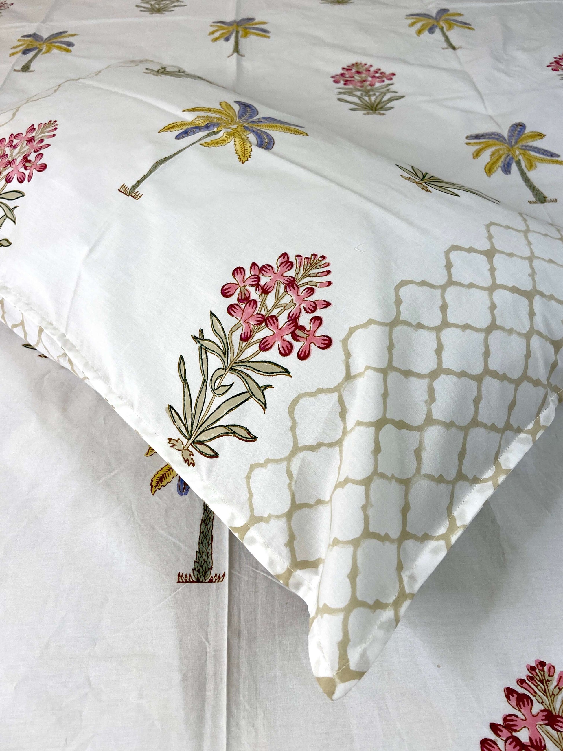 Banana Palm Floral Hand Block Percale Cotton King Bedsheet - Nakhrro