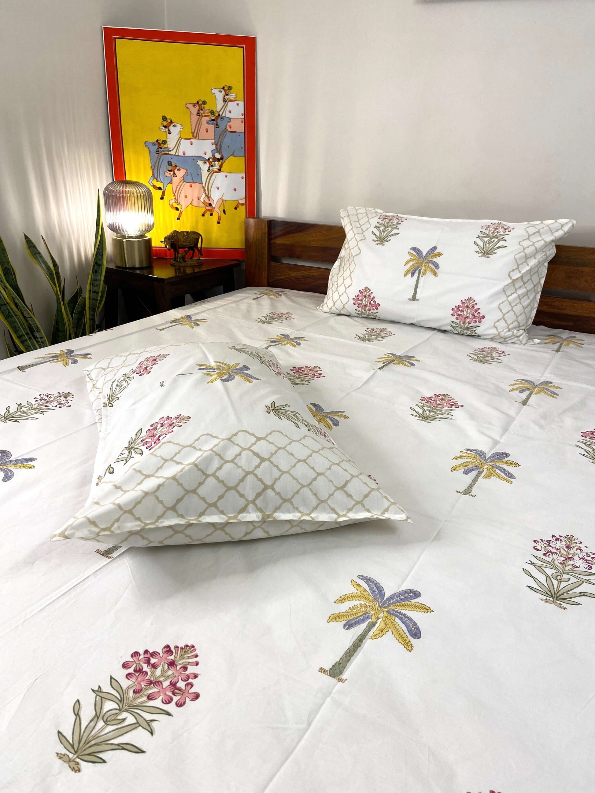 Banana Palm Floral Hand Block Percale Cotton King Bedsheet - Nakhrro