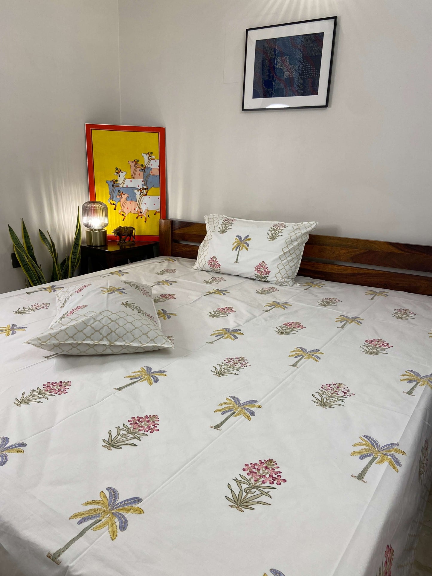 Banana Palm Floral Hand Block Percale Cotton King Bedsheet - Nakhrro