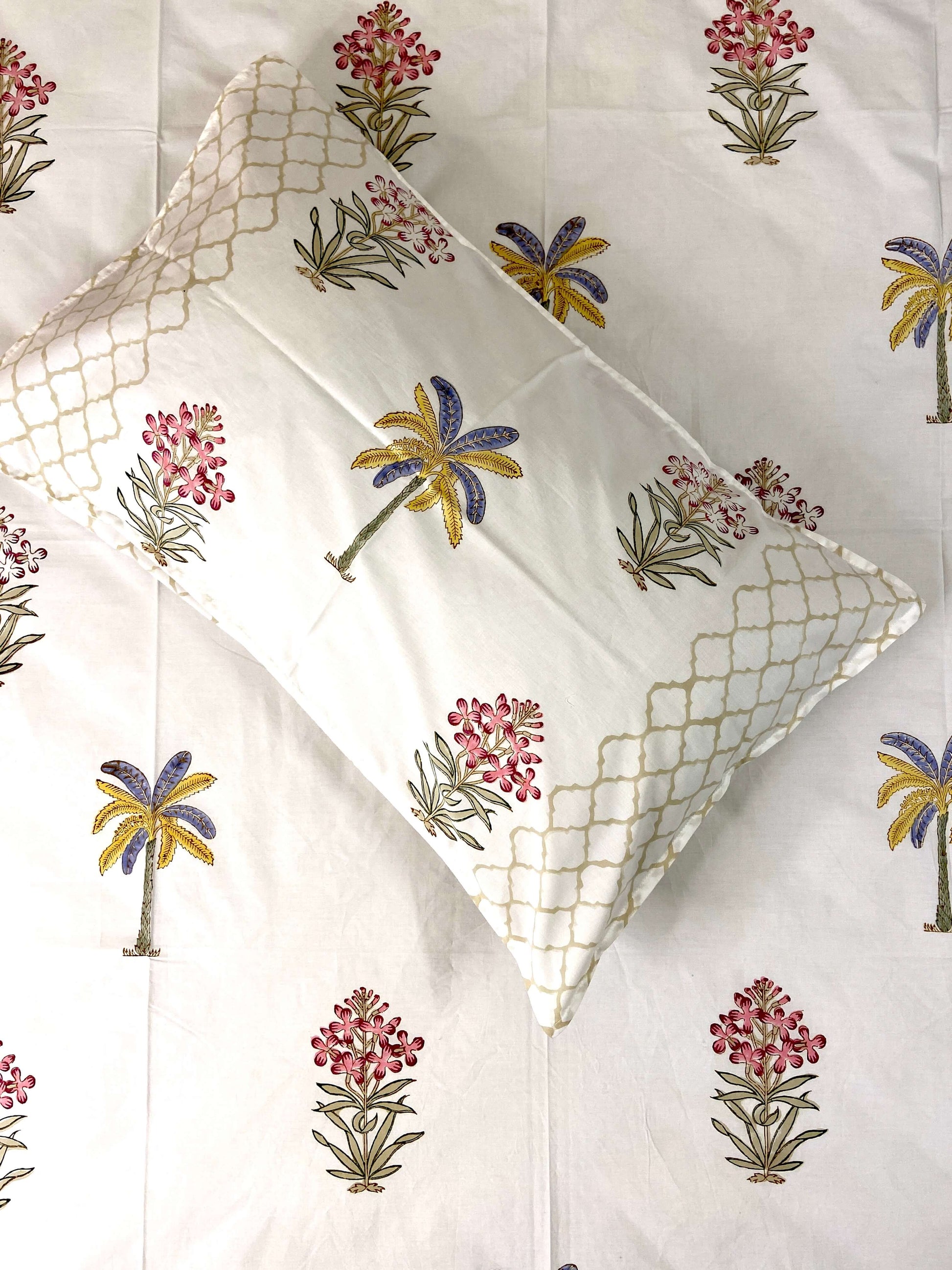 Banana Palm Floral Hand Block Percale Cotton King Bedsheet - Nakhrro