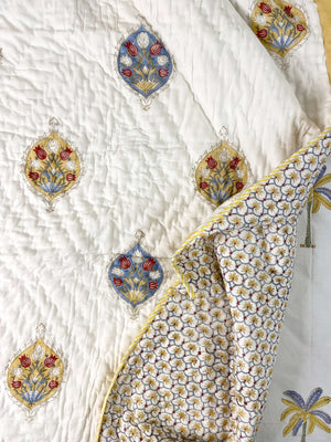 Floral Motifs Organic Mul Cotton Reversible Single Bed Quilt - Nakhrro