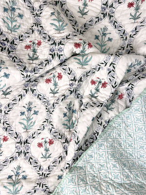 Floral Jaal Motifs Organic Mul Cotton Reversible Double Bed Quilt - Nakhrro