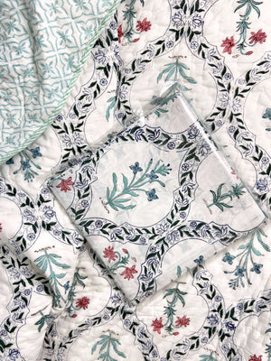 Floral Jaal Motifs Organic Mul Cotton Reversible Double Bed Quilt - Nakhrro