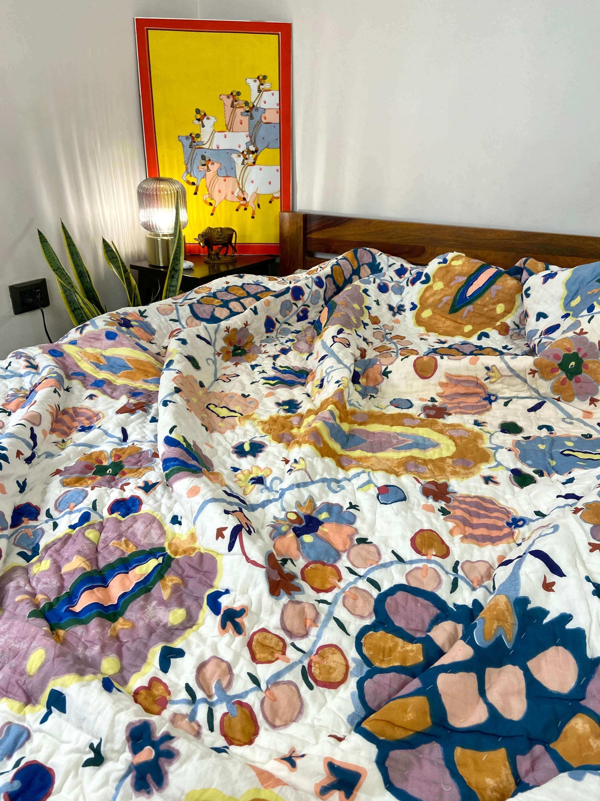 Handpainted Print Florals Organic Mul Cotton Reversible Double Bed Quilt - Nakhrro