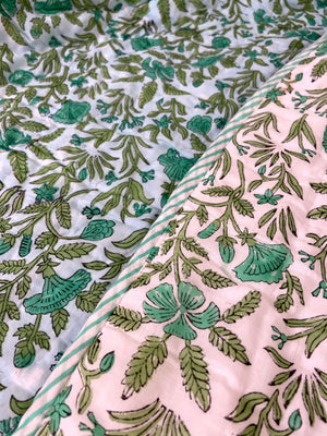 Aqua Florals Muslin Double King Bed Quilt Razai - Nakhrro