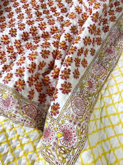 Red Yellow Floral Motifs Organic Mul Cotton Reversible Double Bed Quilt - Nakhrro