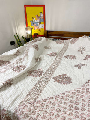 Pastel Birds Print Organic Mul Cotton Reversible Double Bed Quilt - Nakhrro