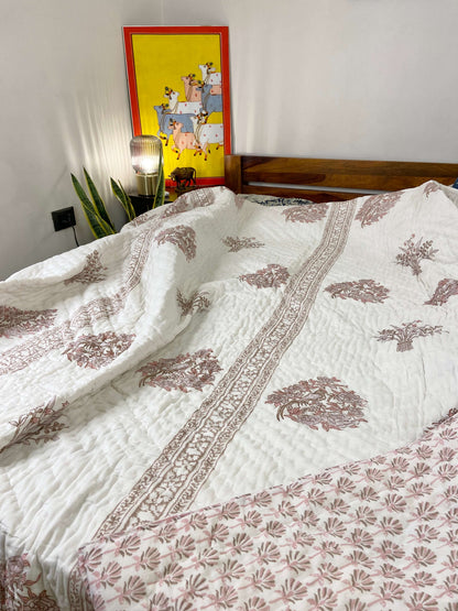 Pastel Birds Print Organic Mul Cotton Reversible Double Bed Quilt - Nakhrro