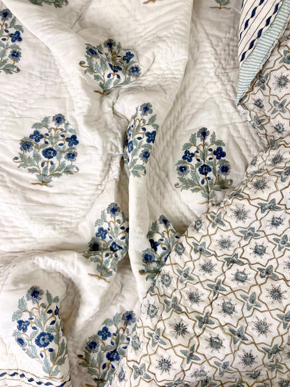 Mughal Motifs Organic Mul Cotton Reversible Double Bed Quilt - Nakhrro