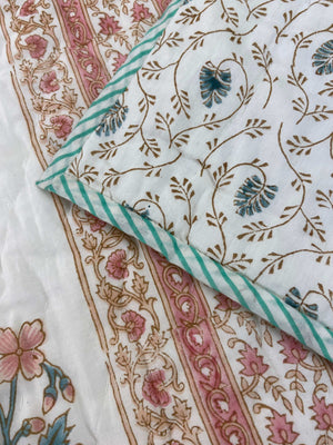 Hexagon Florals Organic Mul Cotton Reversible Single Bed Quilt - Nakhrro