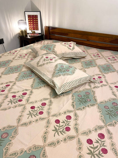 Beige Floral Jaal Hand Block Cotton Queen Bedsheet - Nakhrro