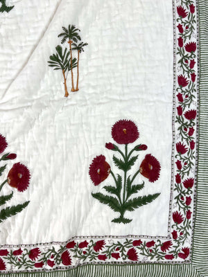 Magenta Poppy Flower Organic Mul Cotton Reversible Single Bed Quilt - Nakhrro