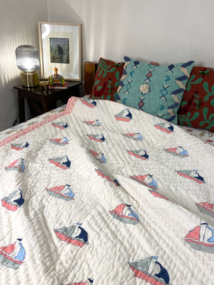 Sailing Ships Hand Block Baby Quilt - Nakhrro