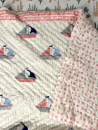 Sailing Ships Hand Block Baby Quilt - Nakhrro