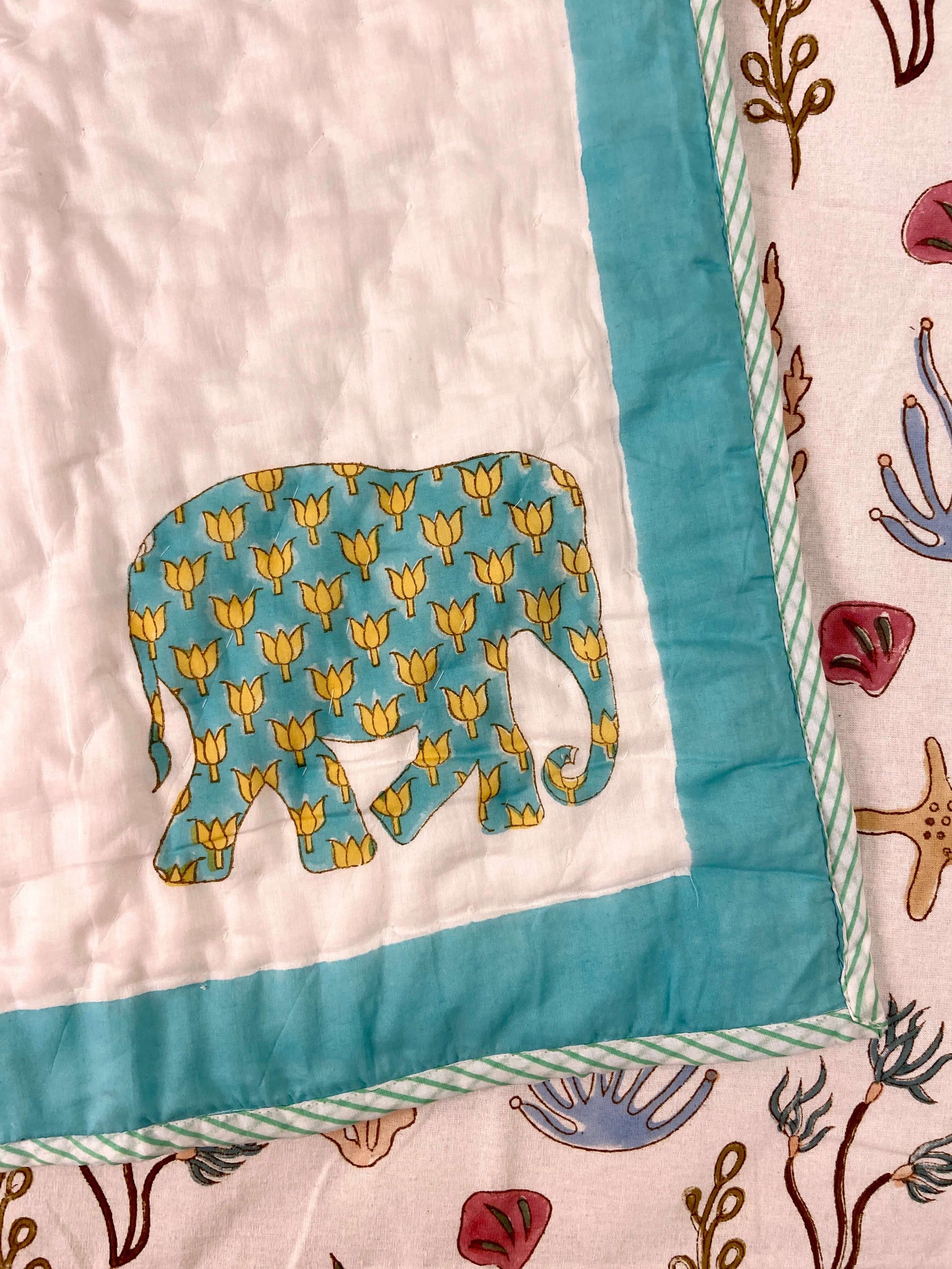 Colourful Elephants Hand Block Baby Quilt - Nakhrro
