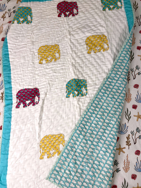Colourful Elephants Hand Block Baby Quilt - Nakhrro