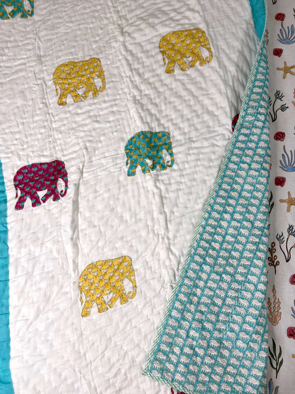 Colourful Elephants Hand Block Baby Quilt - Nakhrro