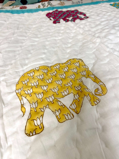 Colourful Elephants Hand Block Baby Quilt - Nakhrro
