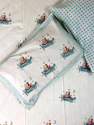 Helicopter Bear Kids Hand Block Cotton King Size Bedsheet - Nakhrro