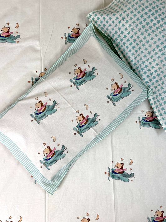 Helicopter Bear Kids Hand Block Cotton King Size Bedsheet - Nakhrro