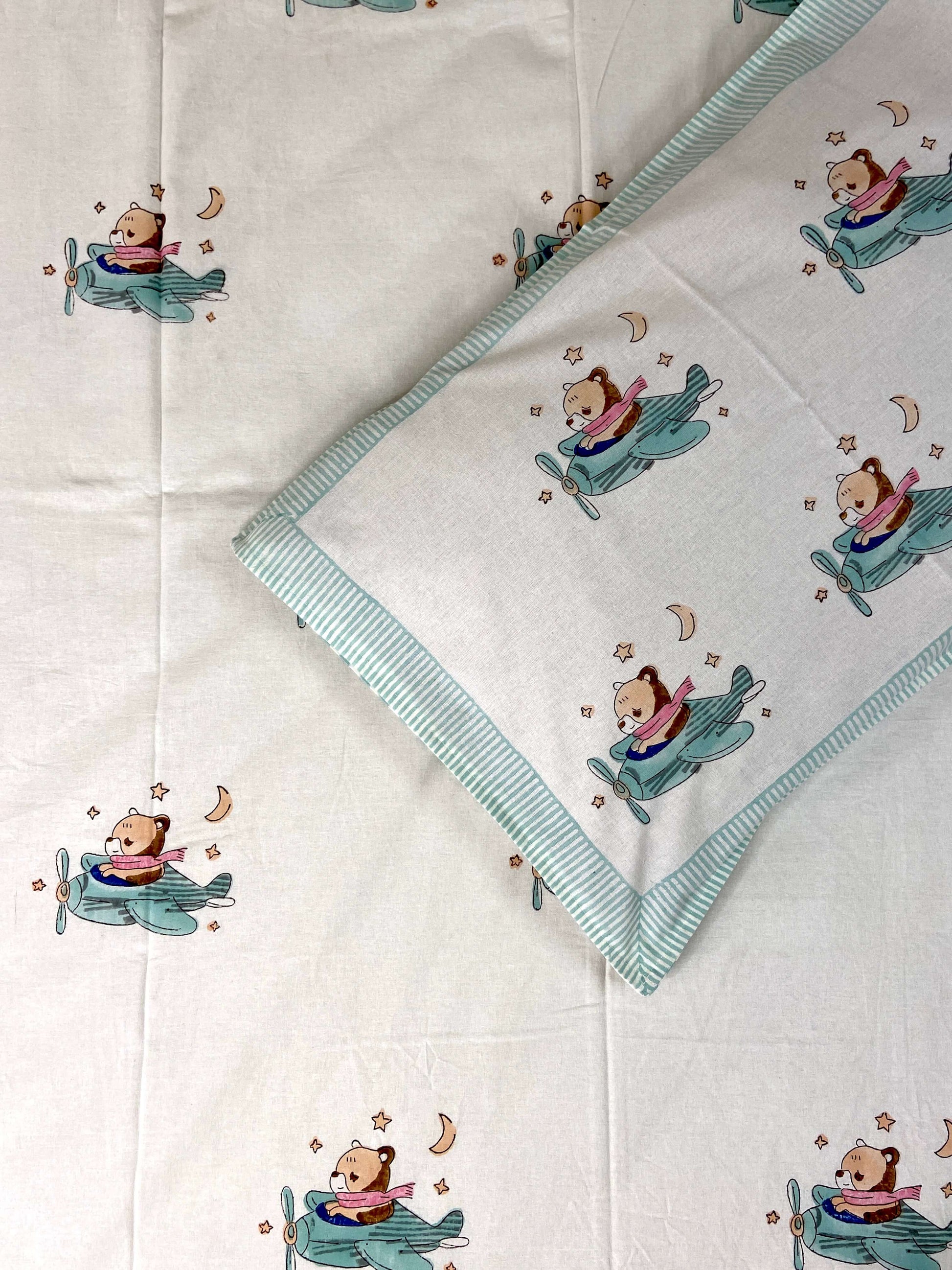 Helicopter Bear Kids Hand Block Cotton King Size Bedsheet - Nakhrro