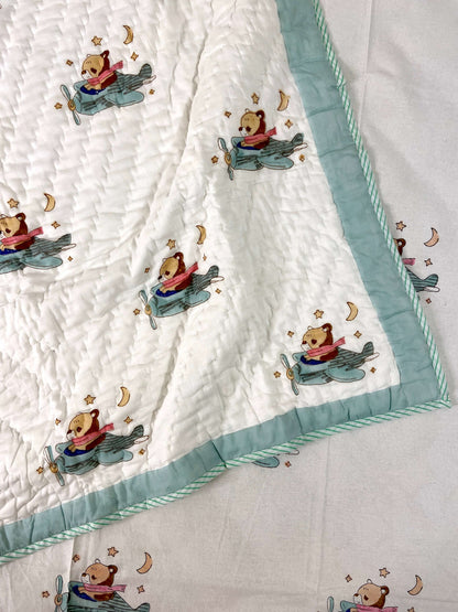Flying Bear On Helicopter Hand Block Baby Quilt - Nakhrro