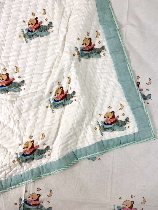 Flying Bear On Helicopter Hand Block Baby Quilt - Nakhrro