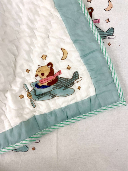 Flying Bear On Helicopter Hand Block Baby Quilt - Nakhrro