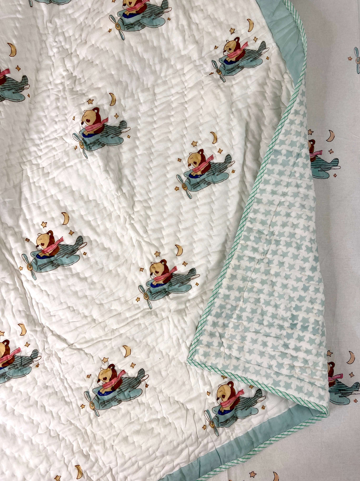 Flying Bear On Helicopter Hand Block Baby Quilt - Nakhrro