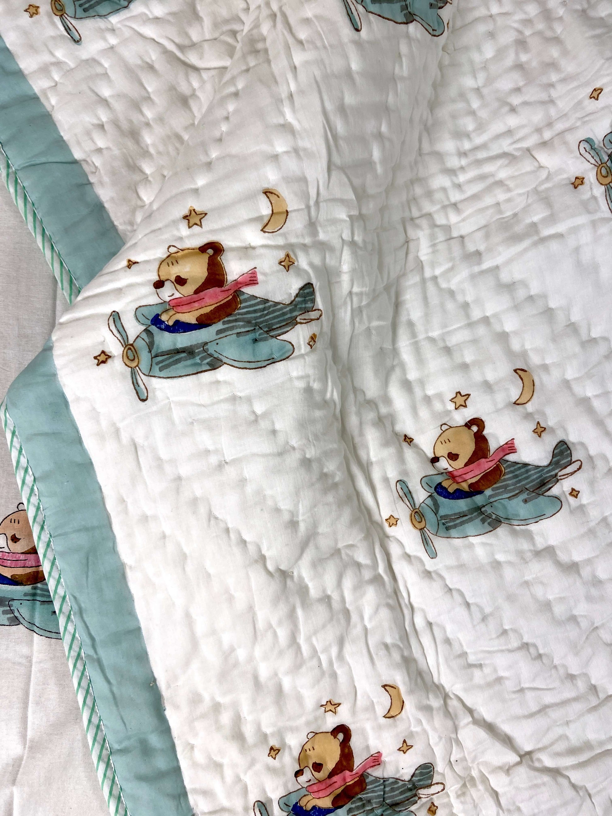 Flying Bear On Helicopter Hand Block Baby Quilt - Nakhrro