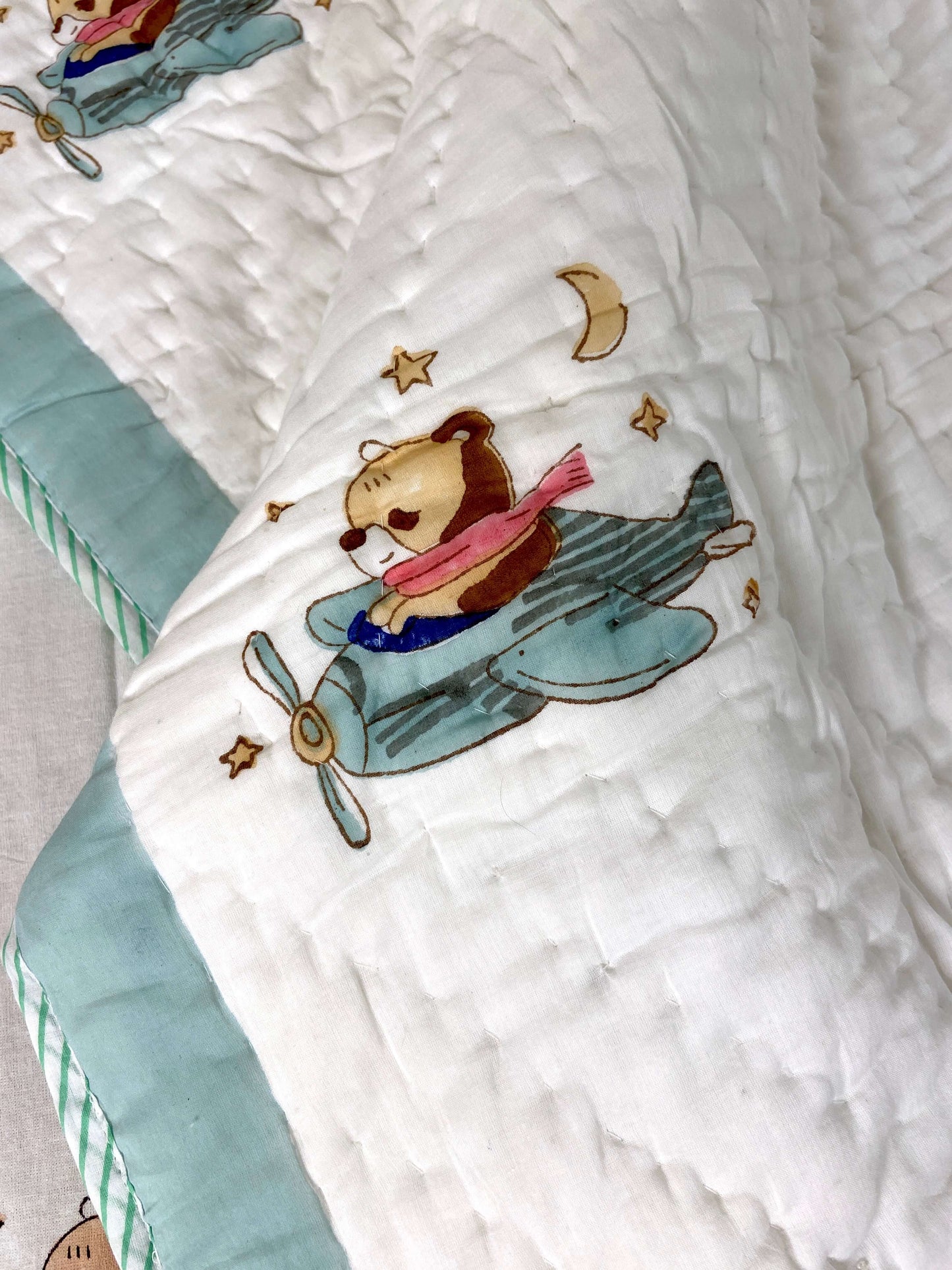 Flying Bear On Helicopter Hand Block Baby Quilt - Nakhrro