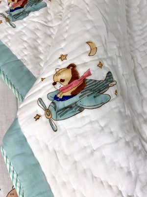 Flying Bear On Helicopter Hand Block Baby Quilt - Nakhrro