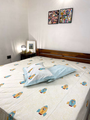 Flying Rocket Kids Hand Block Cotton King Size Bedsheet - Nakhrro