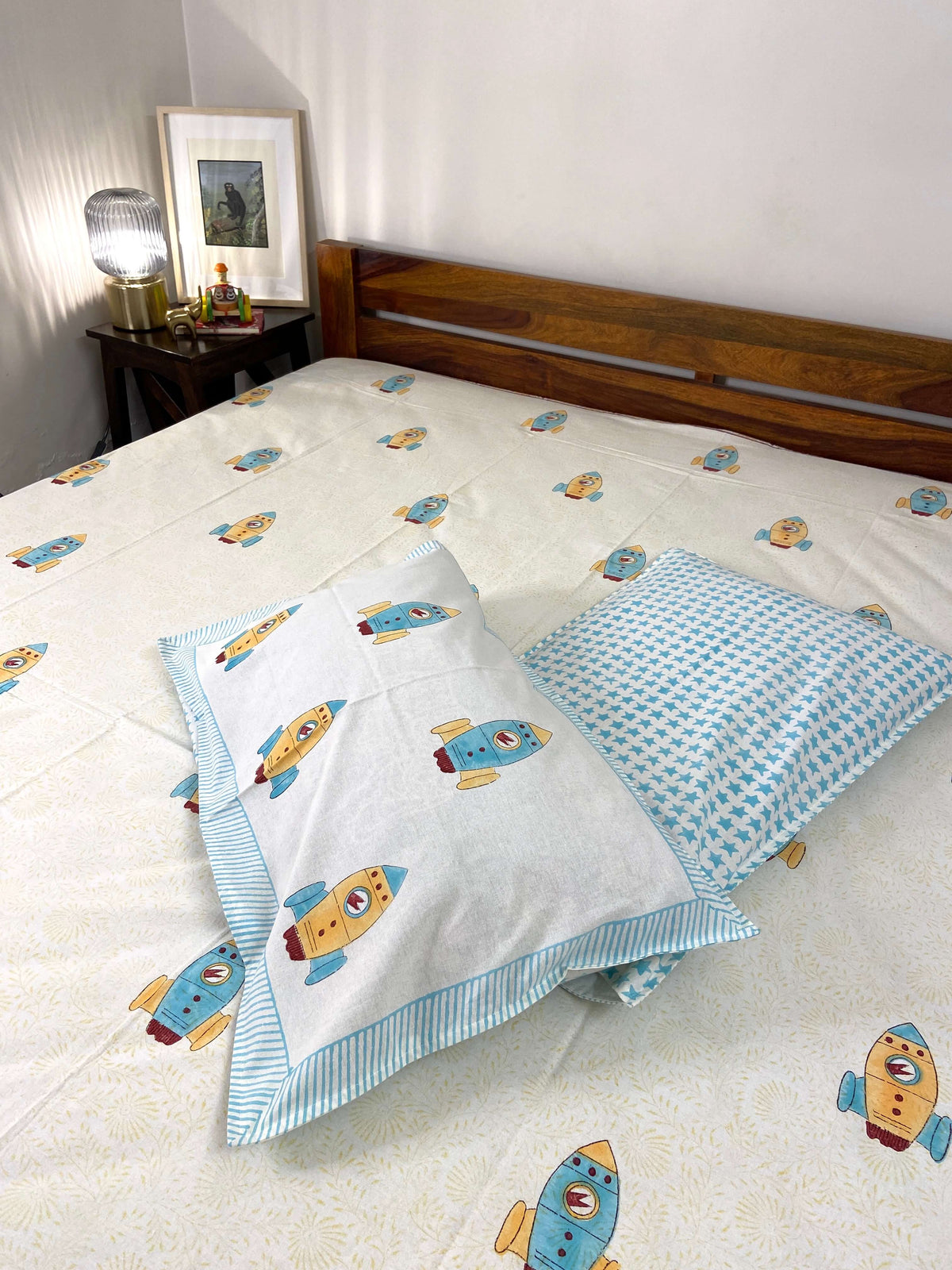 Flying Rocket Kids Hand Block Cotton King Size Bedsheet - Nakhrro
