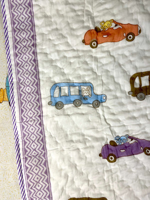 Colourful Cars Hand Block Baby Quilt - Nakhrro