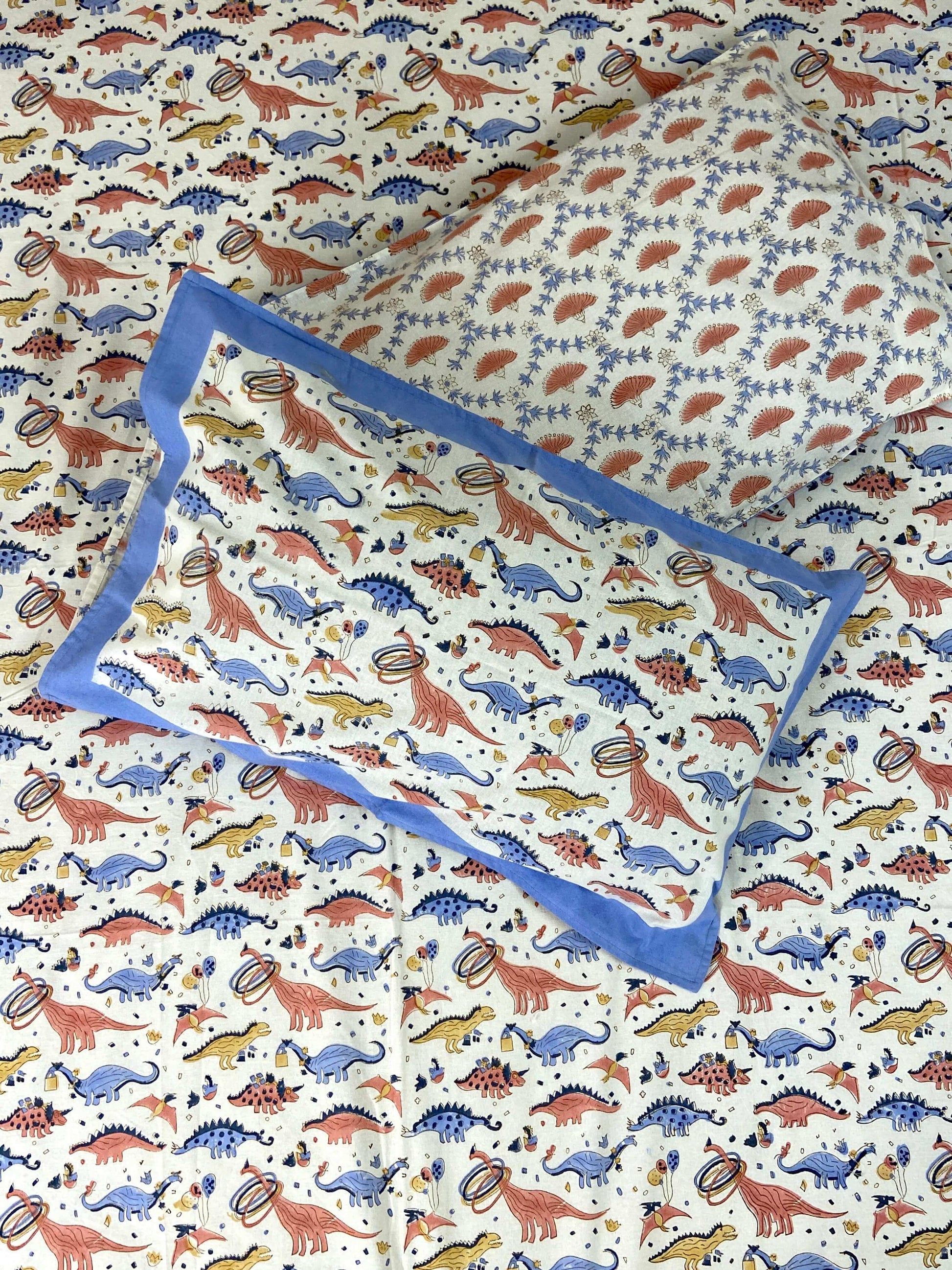 Dinosaur Colourful Kids Hand Block Cotton King Size Bedsheet - Nakhrro