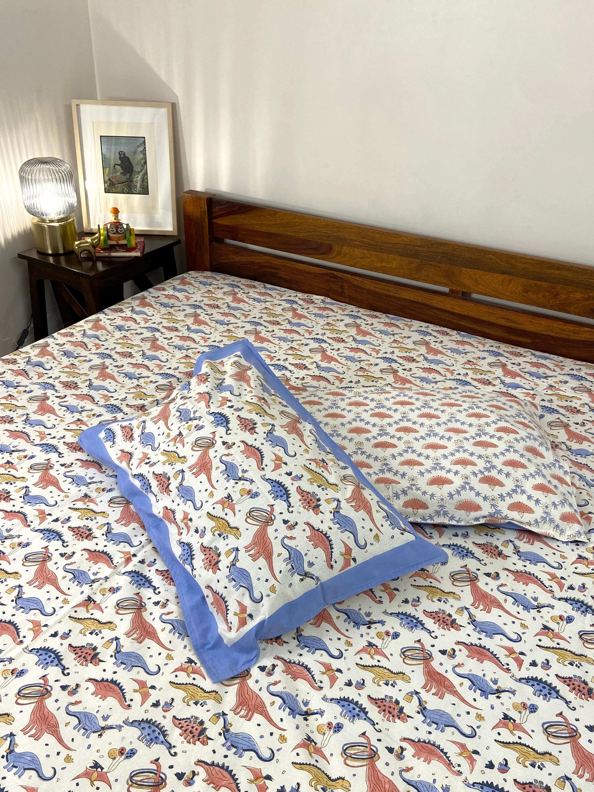 Dinosaur Colourful Kids Hand Block Cotton King Size Bedsheet - Nakhrro