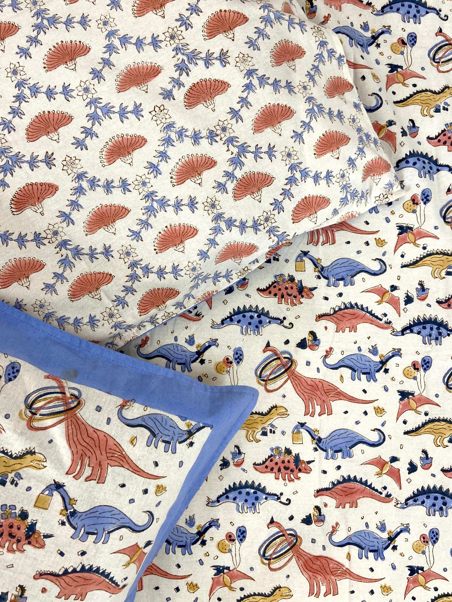 Dinosaur Colourful Kids Hand Block Cotton King Size Bedsheet - Nakhrro