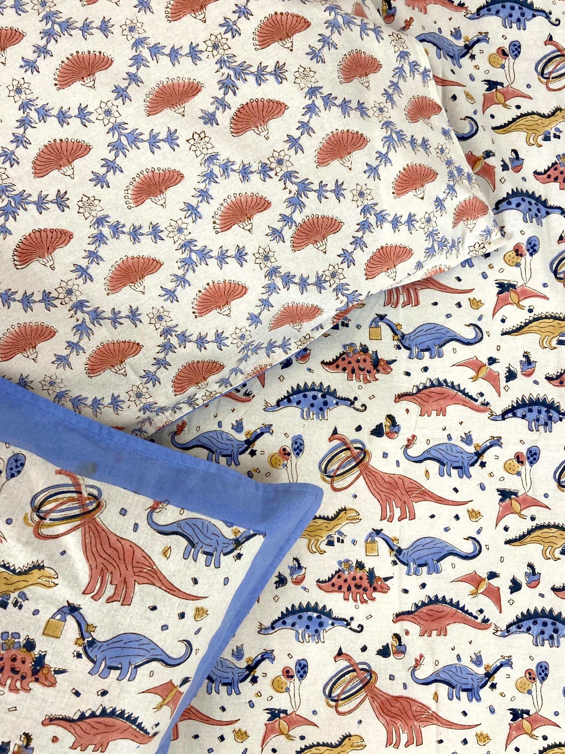 Dinosaur Colourful Kids Hand Block Cotton King Size Bedsheet - Nakhrro