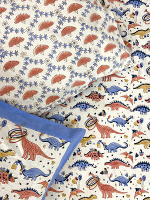 Dinosaur Colourful Kids Hand Block Cotton King Size Bedsheet - Nakhrro