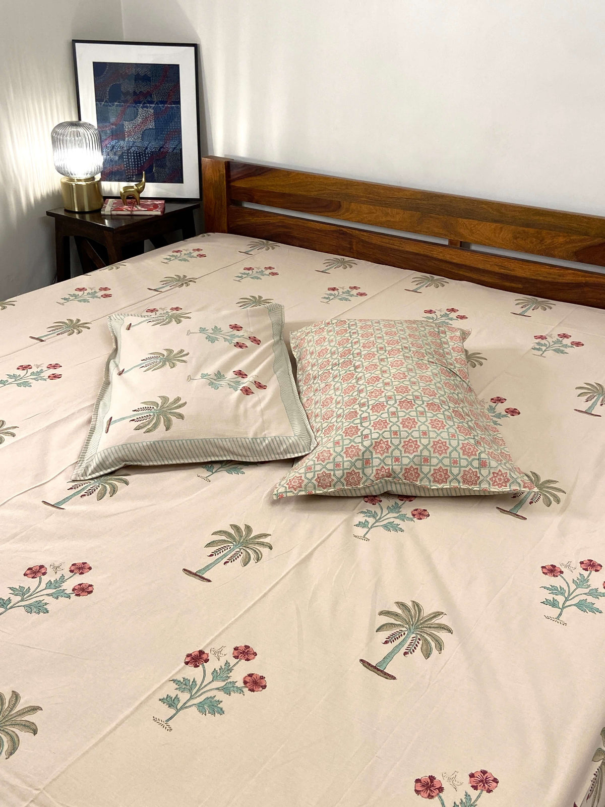 Beige Palm Floral Hand Block Cotton Queen Bedsheet - Nakhrro