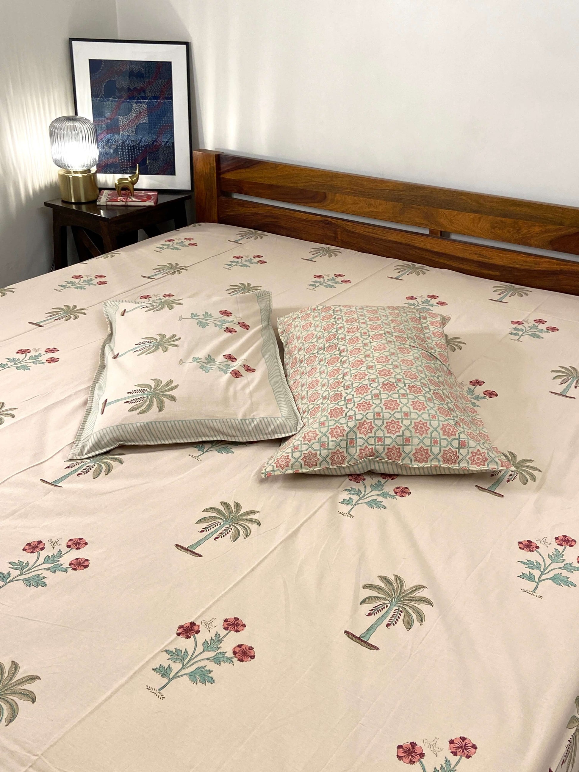 Beige Palm Floral Hand Block Cotton Queen Bedsheet - Nakhrro