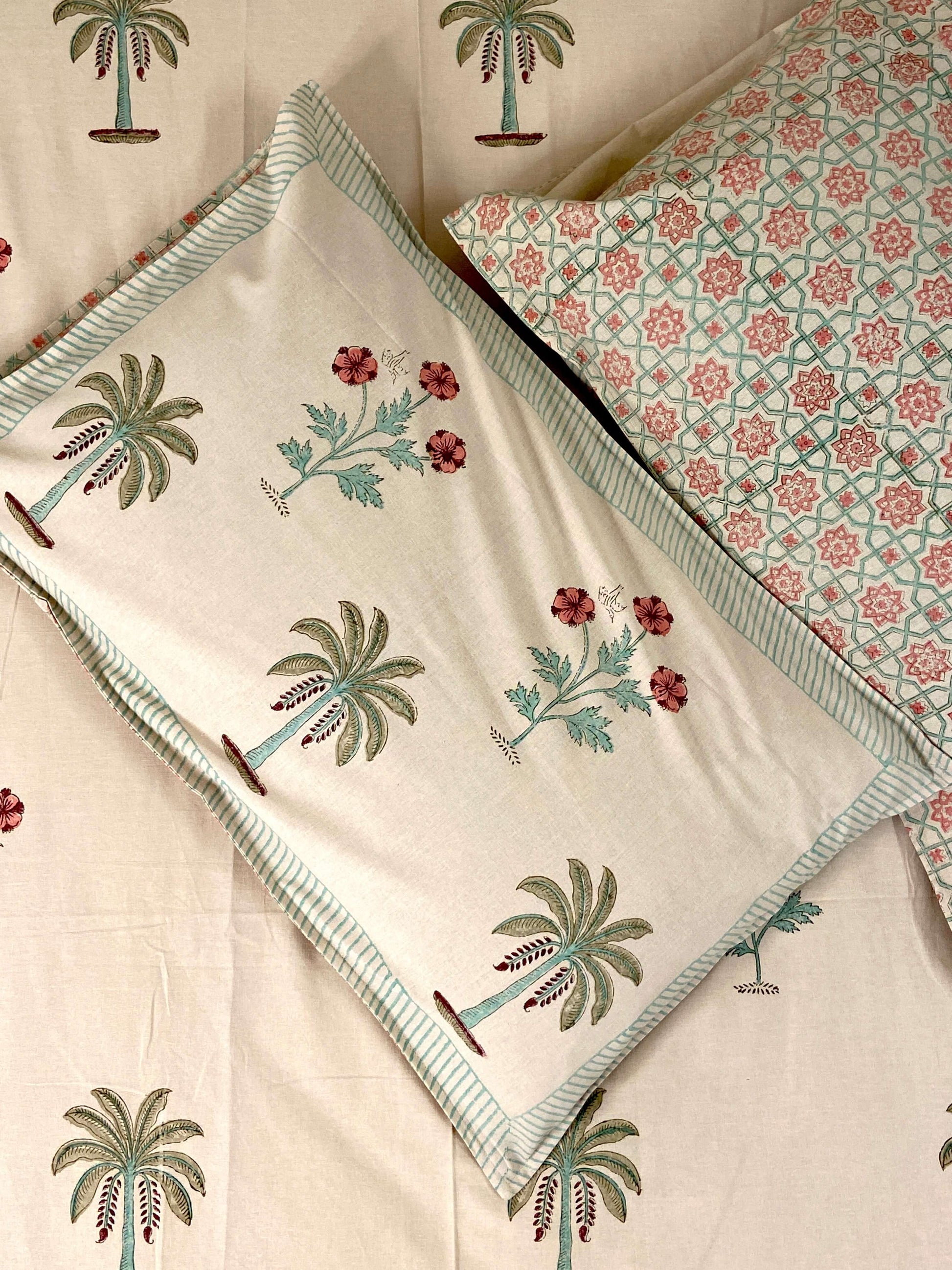 Beige Palm Floral Hand Block Cotton Queen Bedsheet - Nakhrro